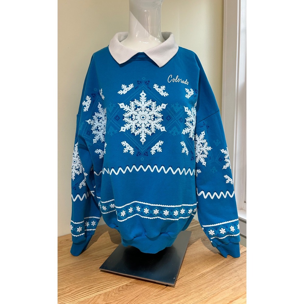 Vtg‎ 90s Lifestyles Winter Snowflake Puffy Colorado Streetwear Collar Sweatshirt
